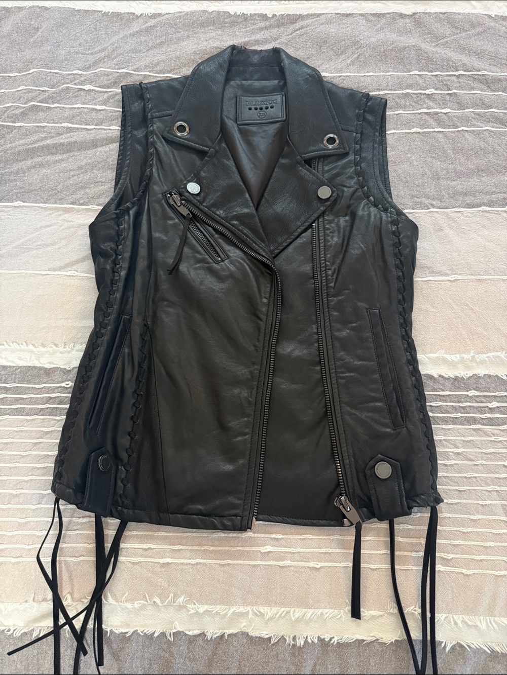 Blank NYC Black Leather Sleeveless Moto Vest with Braided Trim
